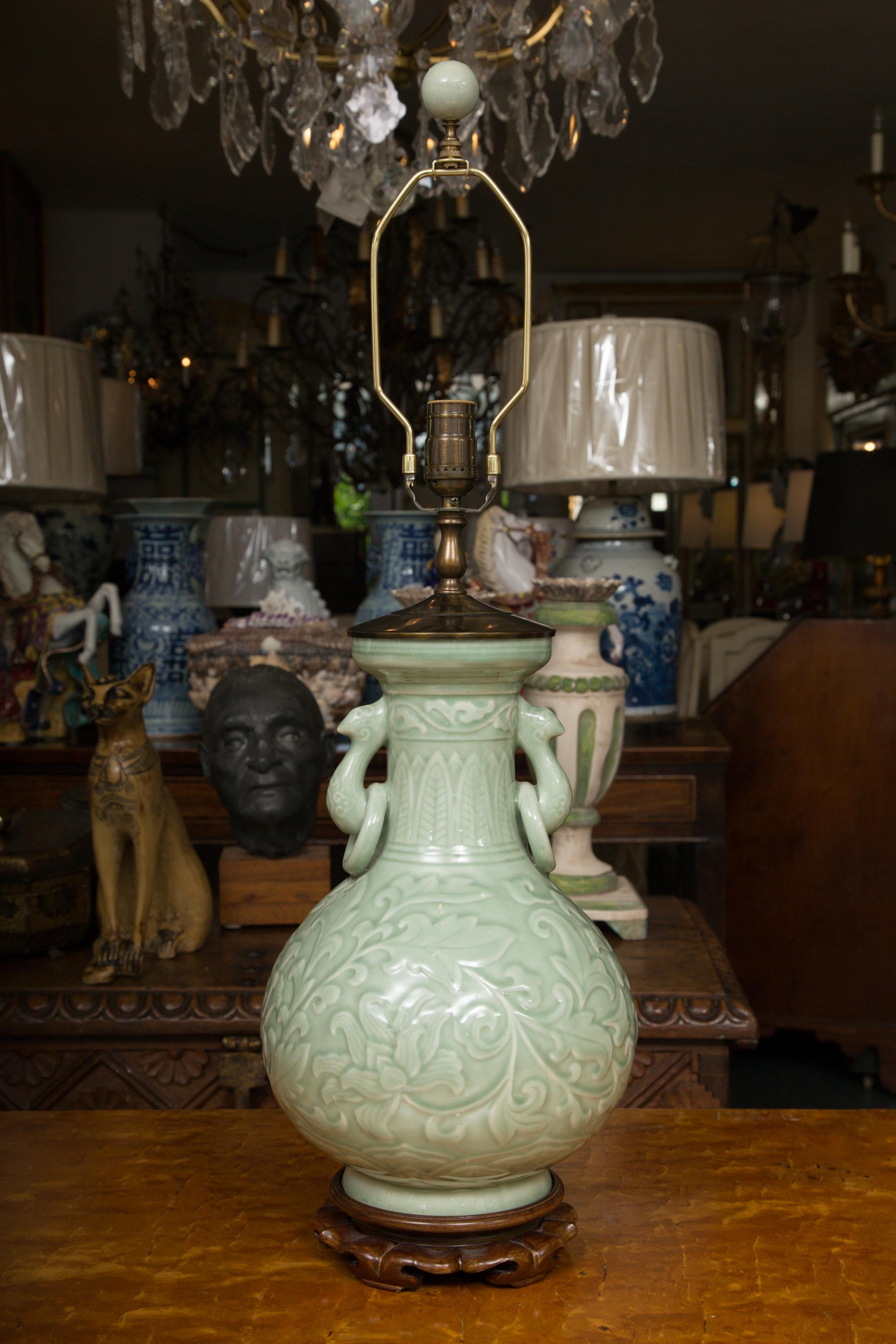 20th Century Pair of Chinese Embossed Celadon Lamps