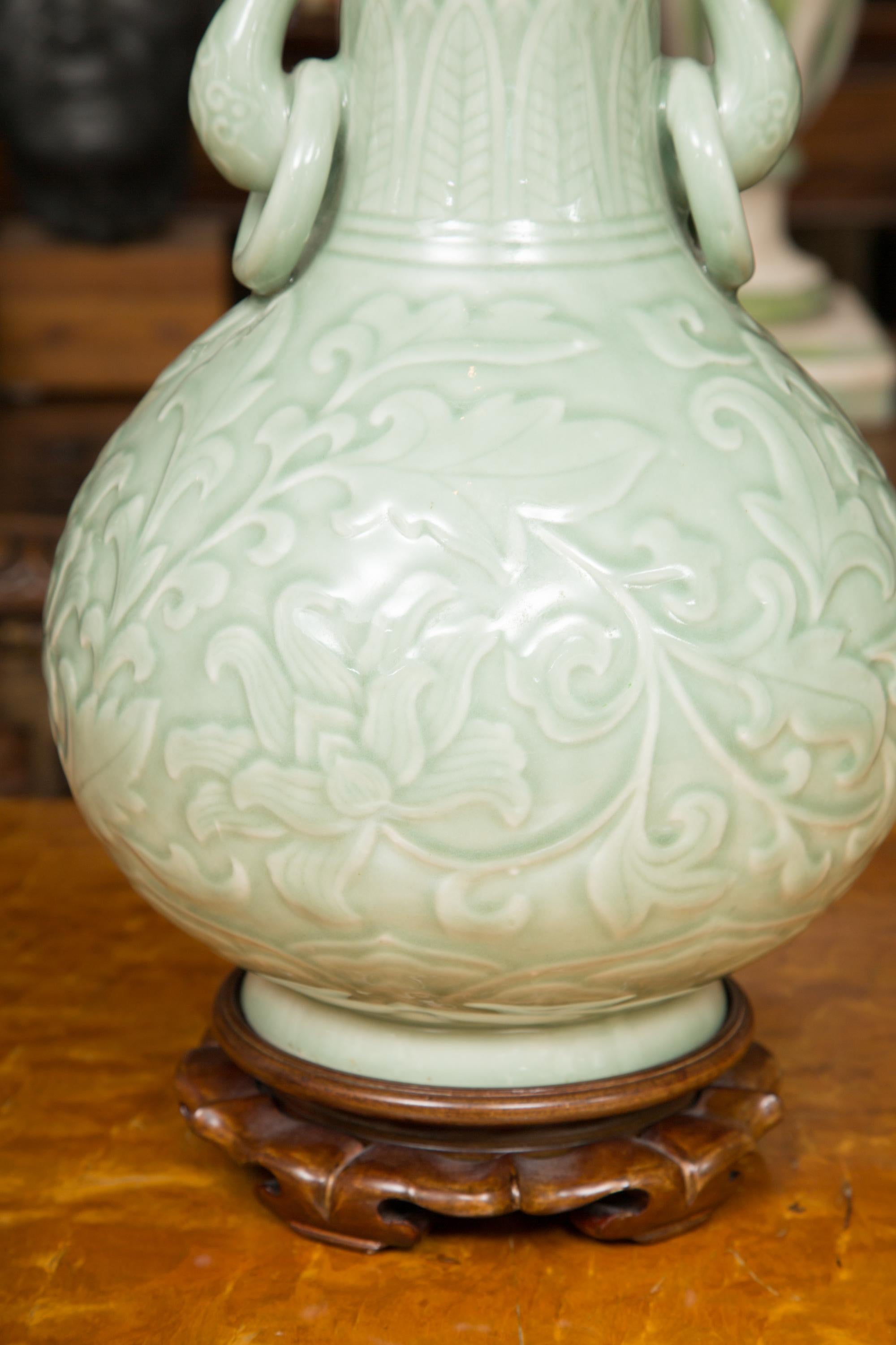 Ceramic Pair of Chinese Embossed Celadon Lamps