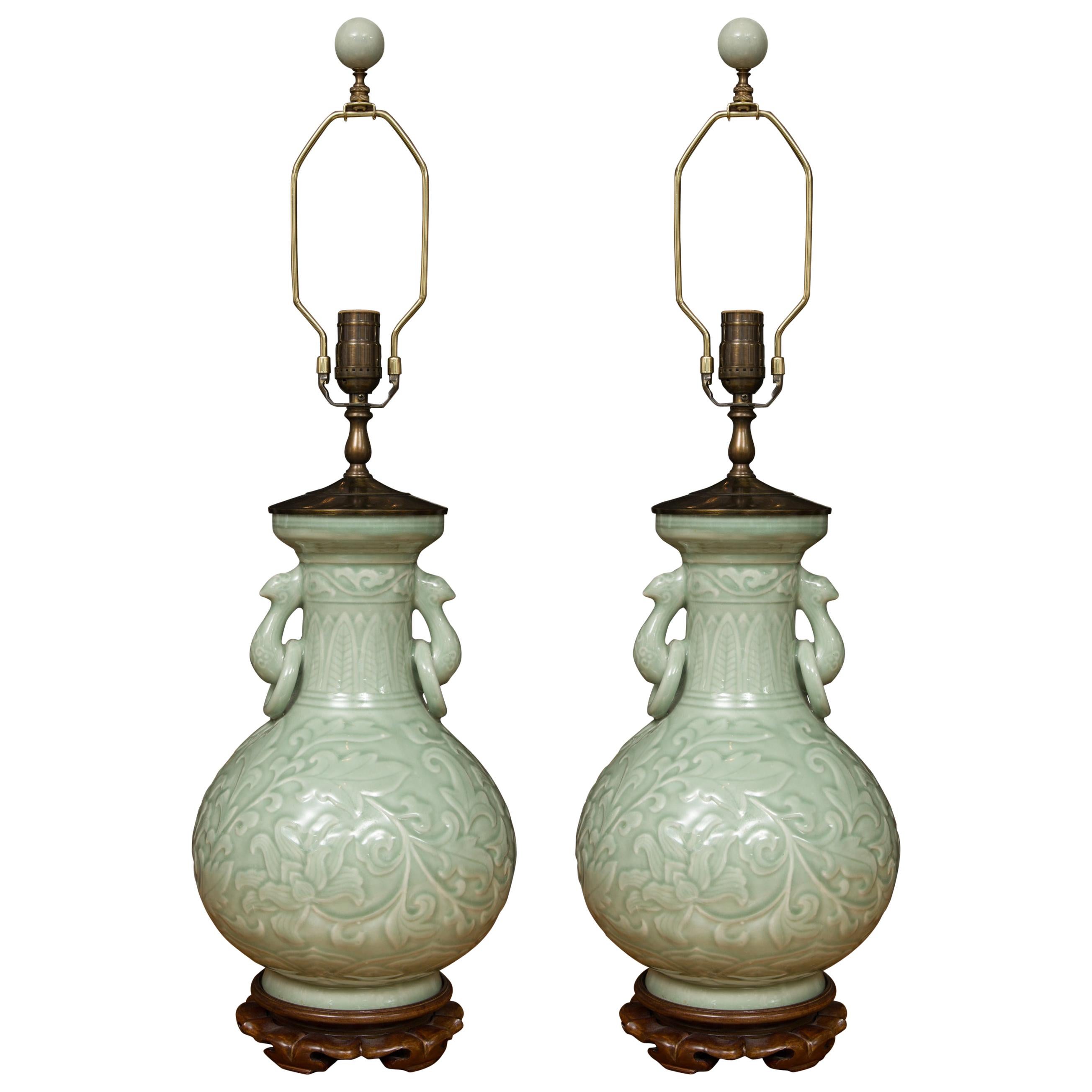 Pair of Chinese Embossed Celadon Lamps