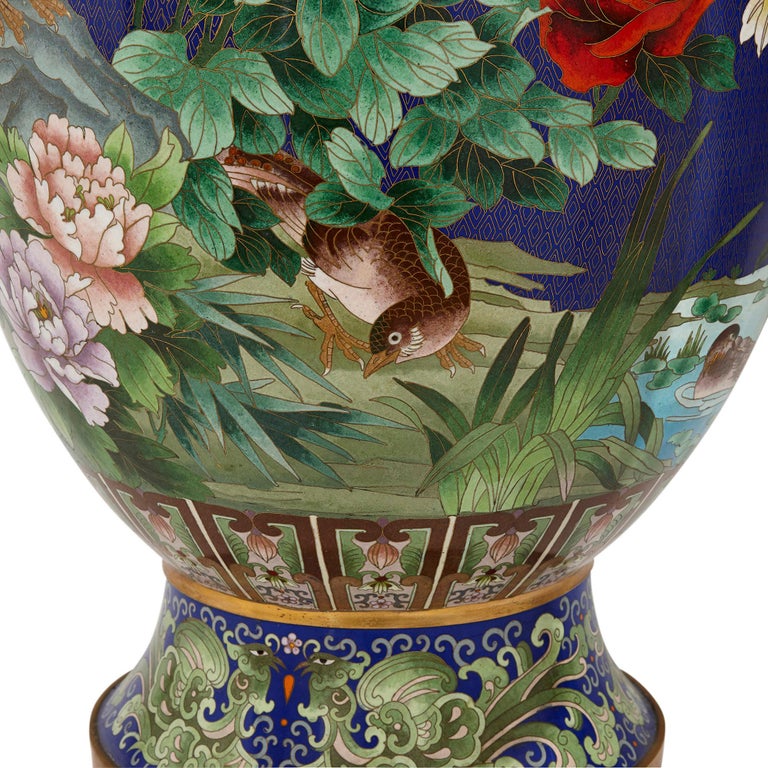Pair of Chinese Enamel Vases Decorated with Traditional Birds and