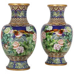 Pair of Chinese Enamel Vases Decorated with Traditional Birds and Flowers