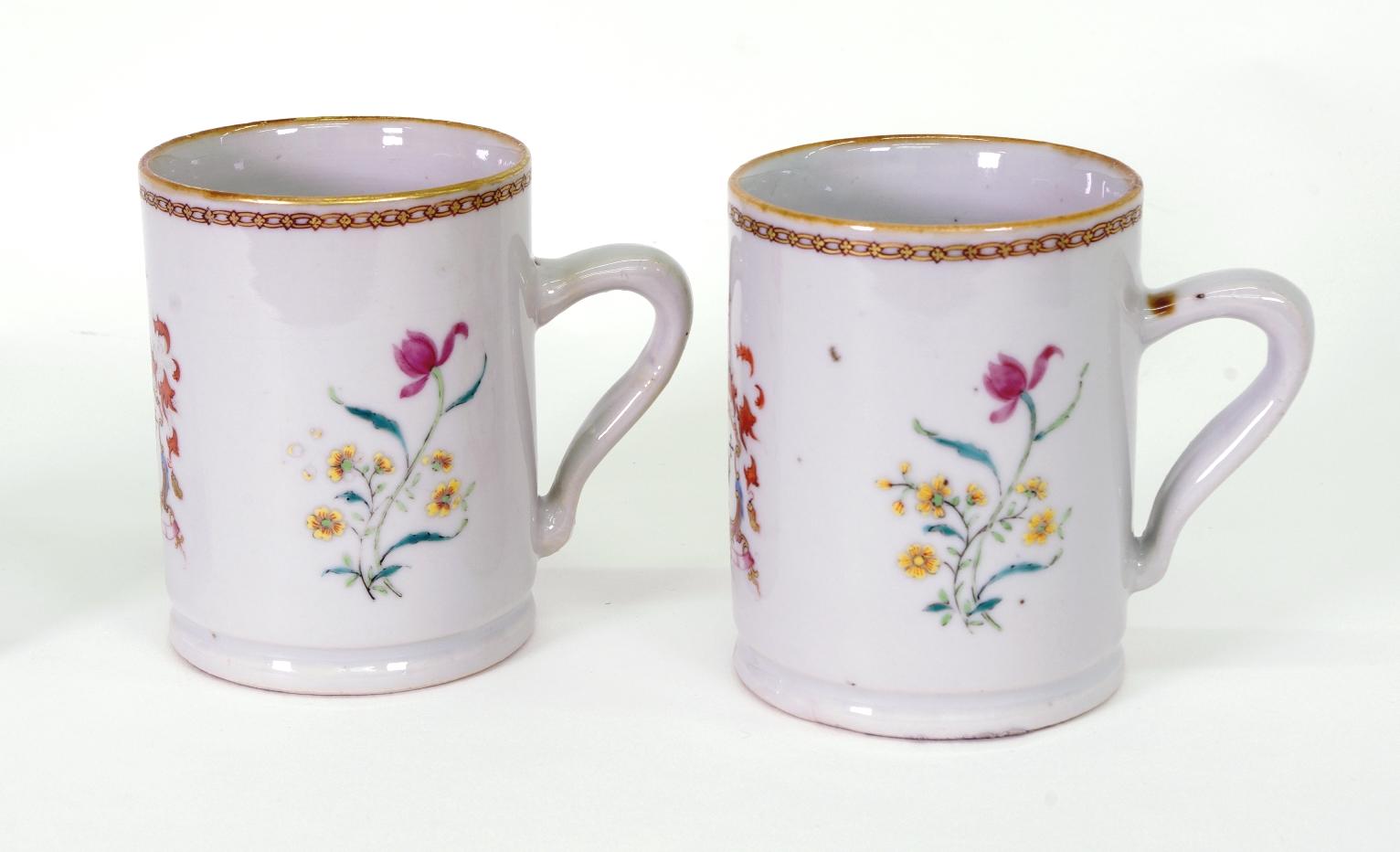 Pair of Chinese export porcelain armorial small mugs, each with the arms of Amyas and decorated with flower sprigs. 

See David S. Howard Chinese, Armorial Porcelain Vol I (London: Faber and Faber Limited, 1974), 532.
