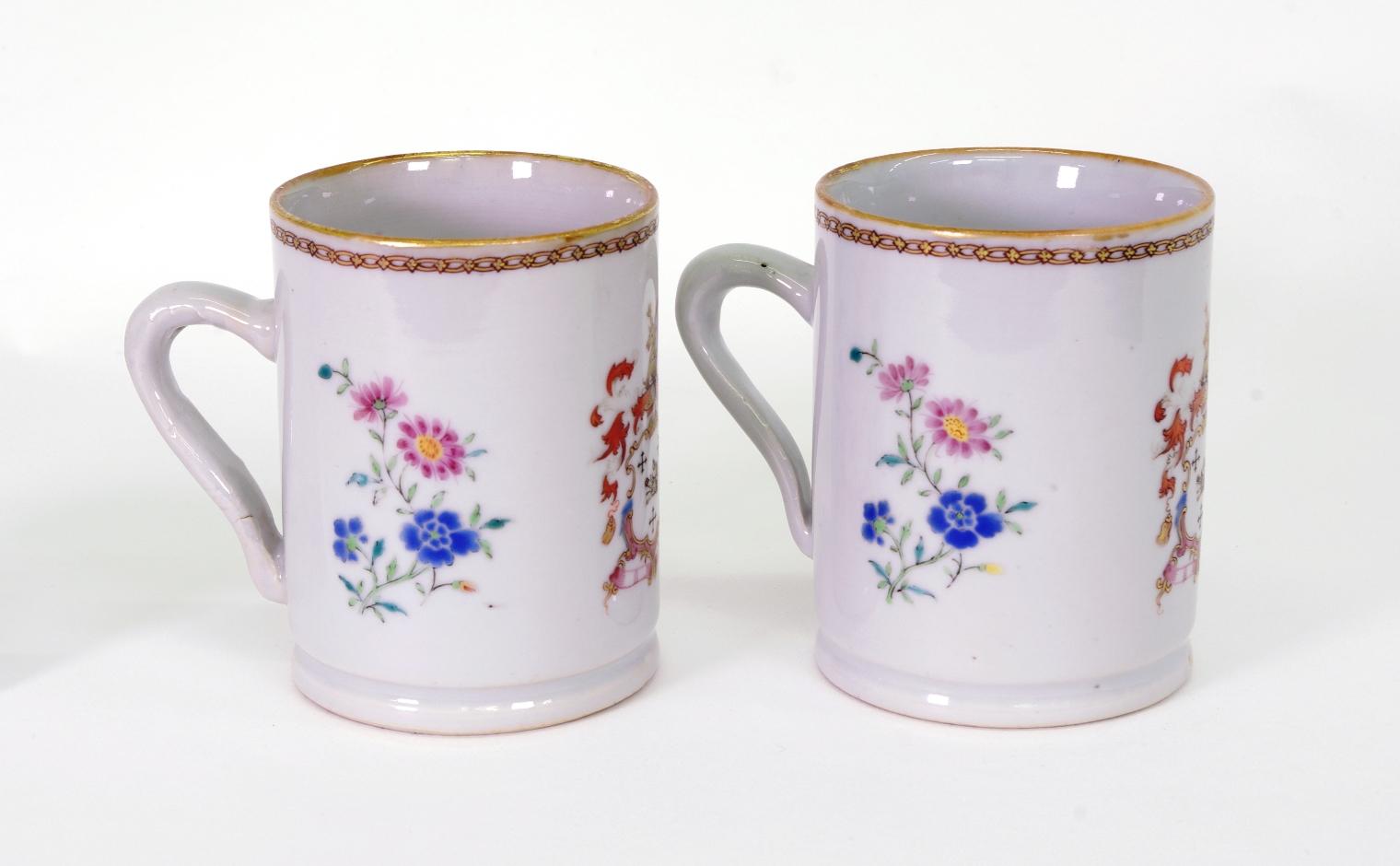 George II Pair of Chinese Export Armorial Small Mugs, circa 1750 For Sale