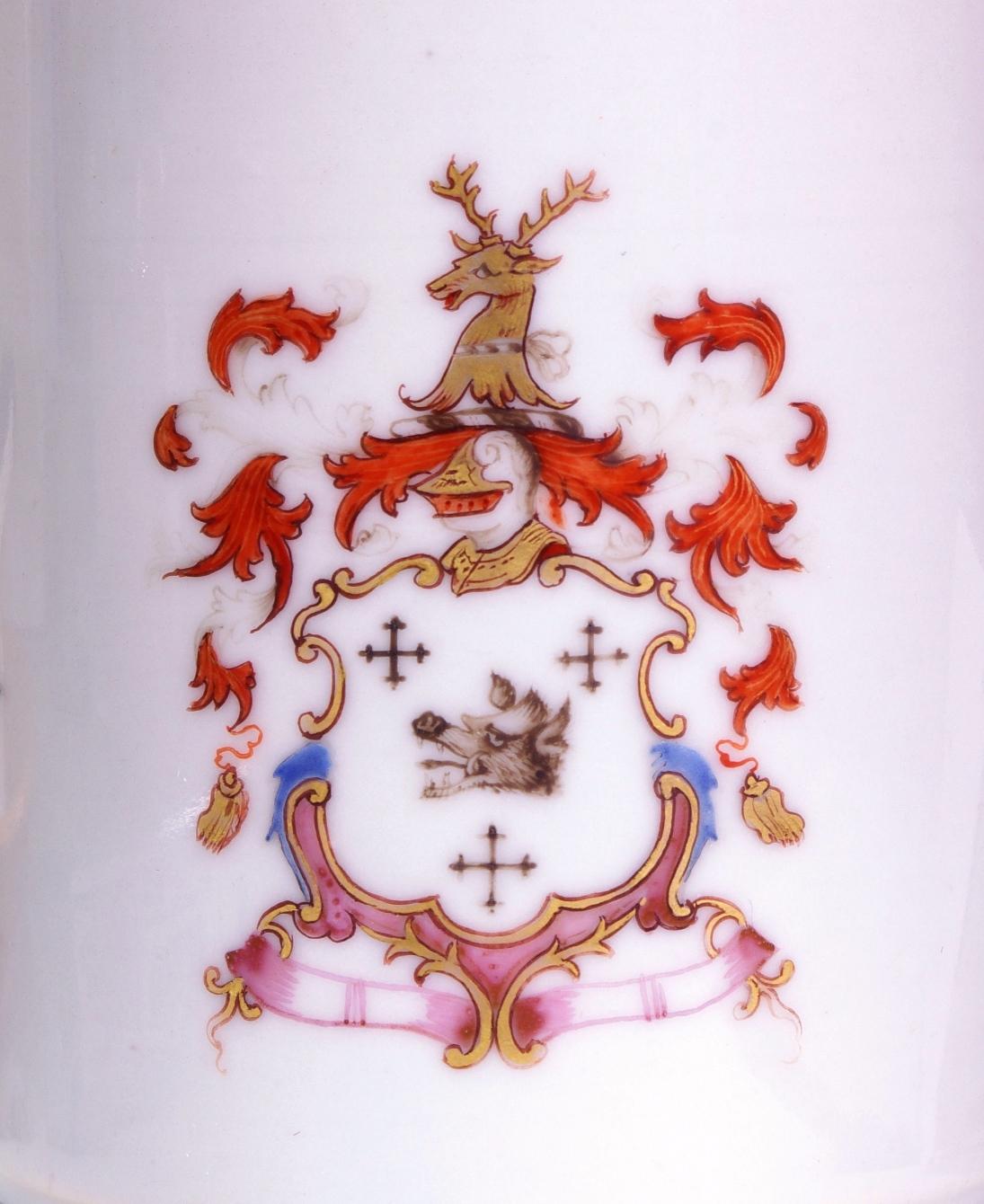 Porcelain Pair of Chinese Export Armorial Small Mugs, circa 1750 For Sale