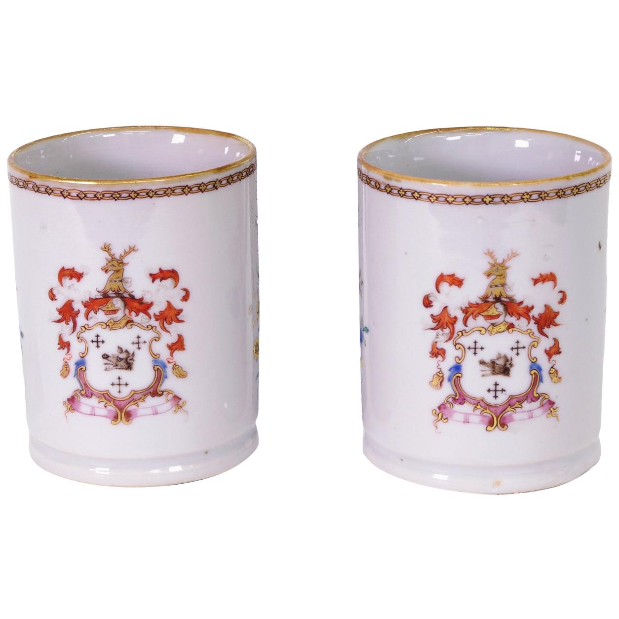 Pair of Chinese Export Armorial Small Mugs, circa 1750 For Sale