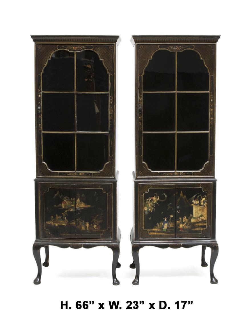 Glass Pair of Chinese Export Black Lacquer Cabinets