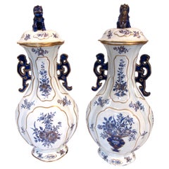 Pair of Chinese Export Blue and White Garniture Vases with Lids
