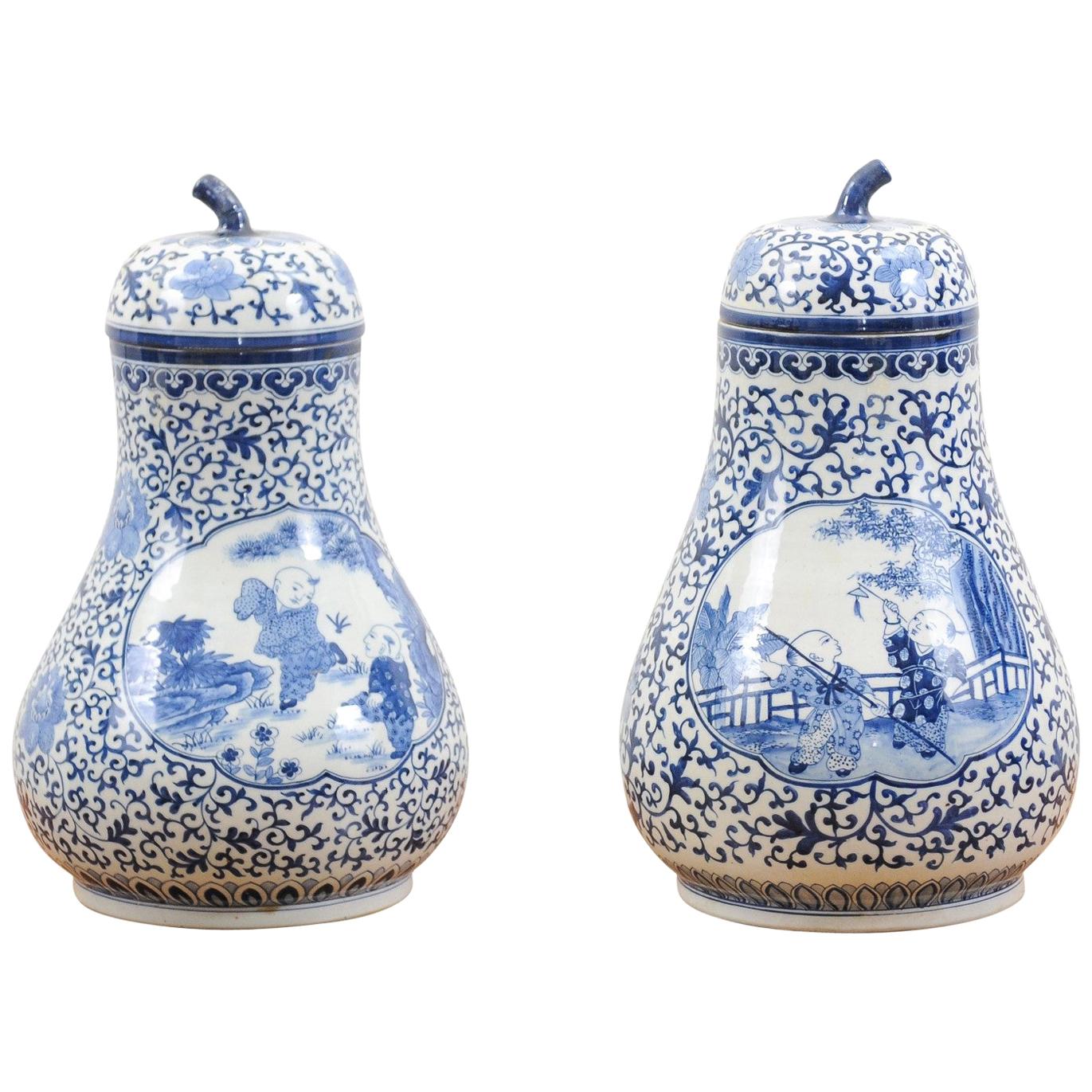 Pair of Delft Blue Porcelain Lidded Vases For Sale at 1stDibs