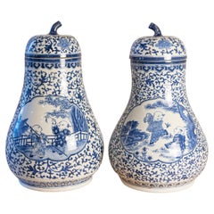 Pair of Chinese Export Blue and White Pear Shaped Porcelain Lidded Vases