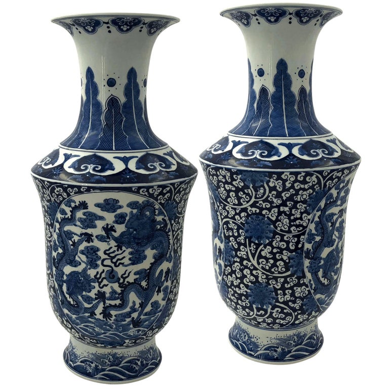 Pair of Chinese Export Blue and White Tall Vases at 1stDibs