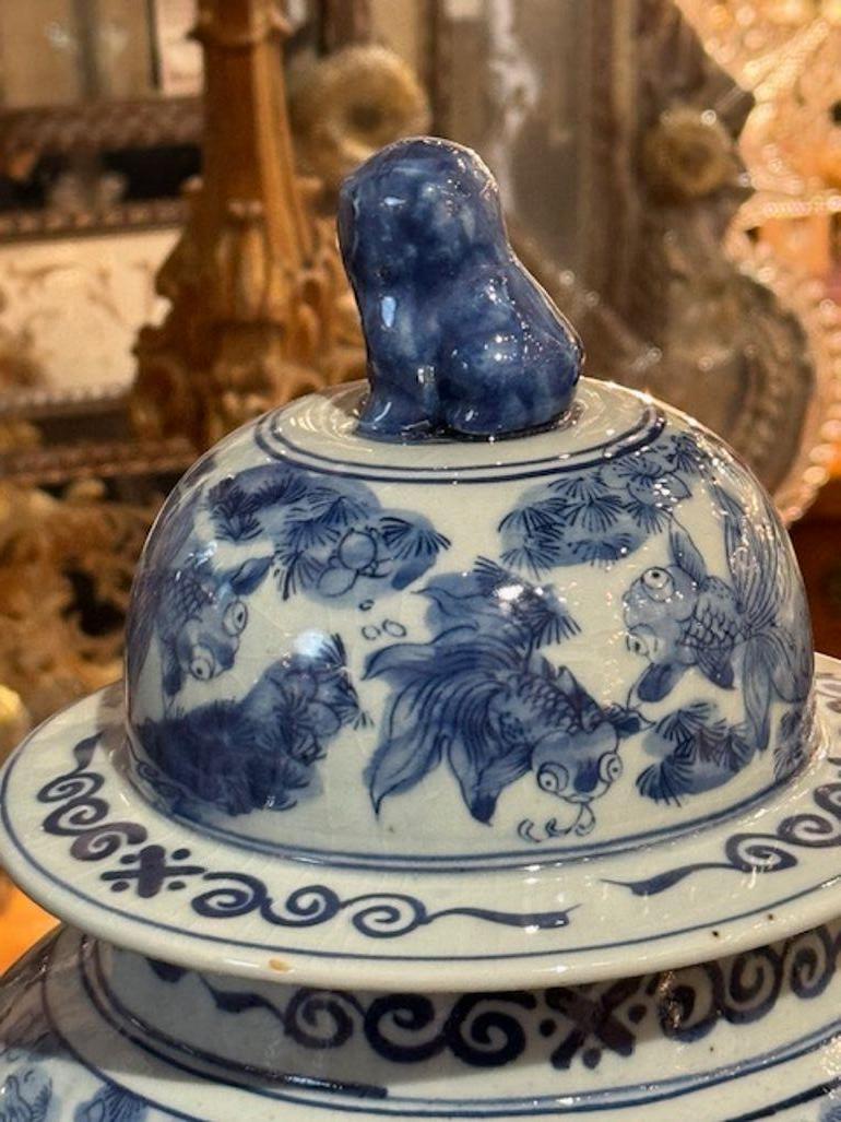 Porcelain Pair of Chinese Export Blue and White Temple Jars
