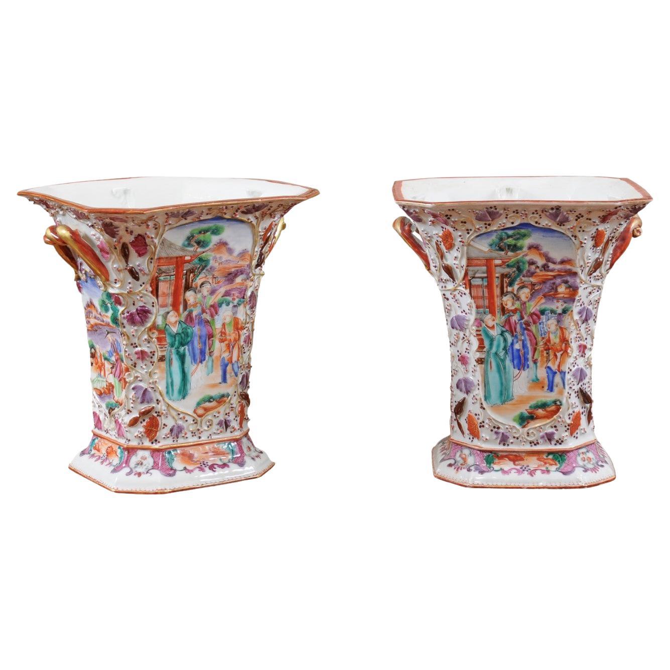 Pair of Chinese Export Bough Pots in the Mandarin Palette, 19th Century