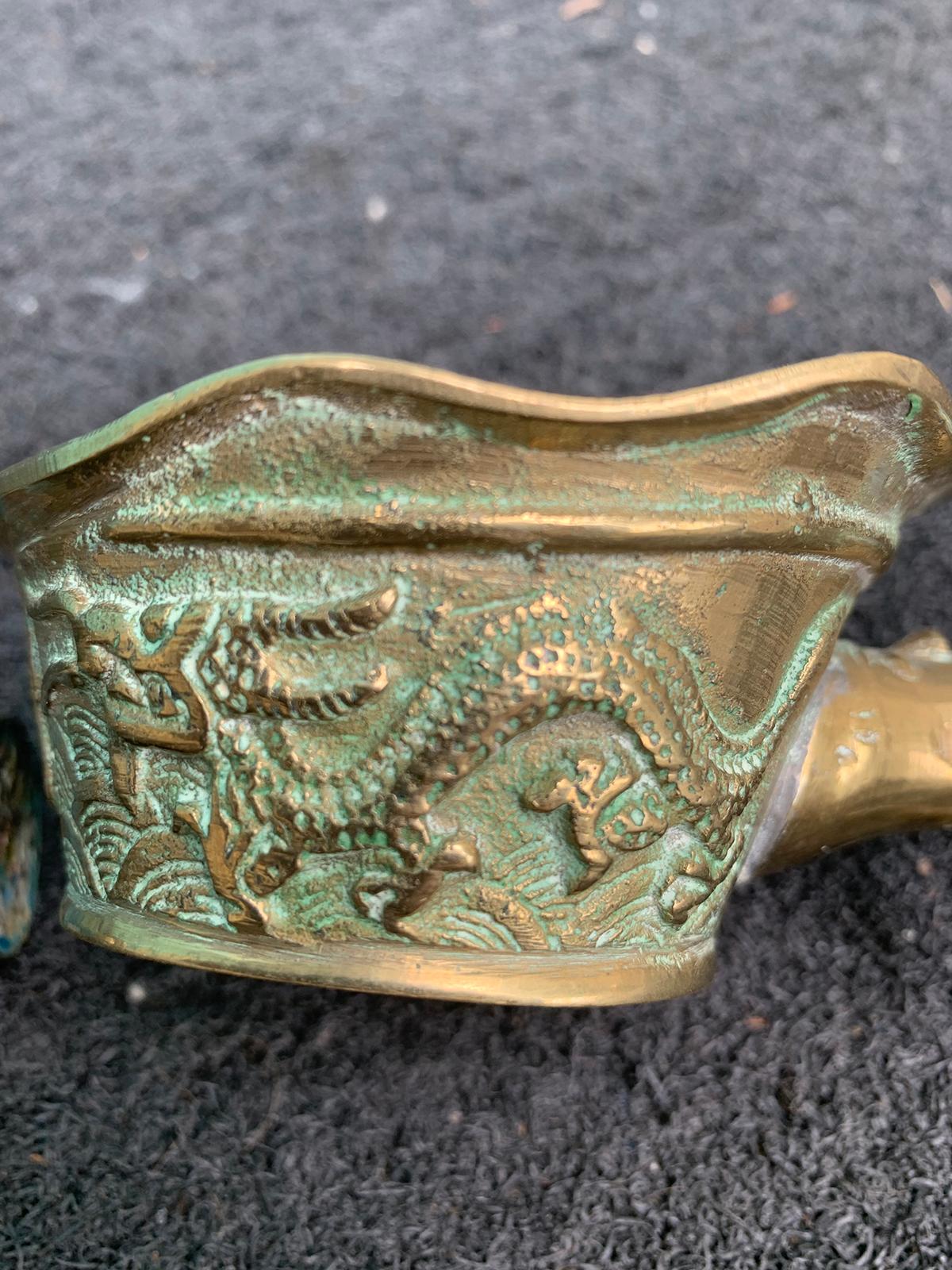 Pair of Chinese Export Brass Grain Scoops or Ladles, Floral Champleve Enamel For Sale 6