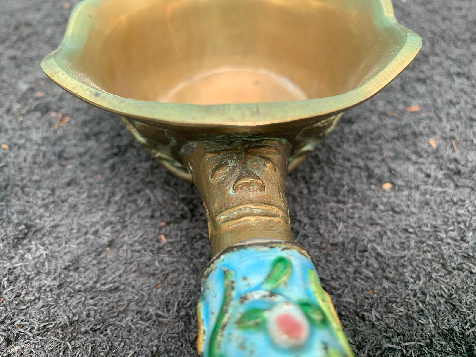 Pair of Chinese Export Brass Grain Scoops or Ladles, Floral Champleve Enamel For Sale 7