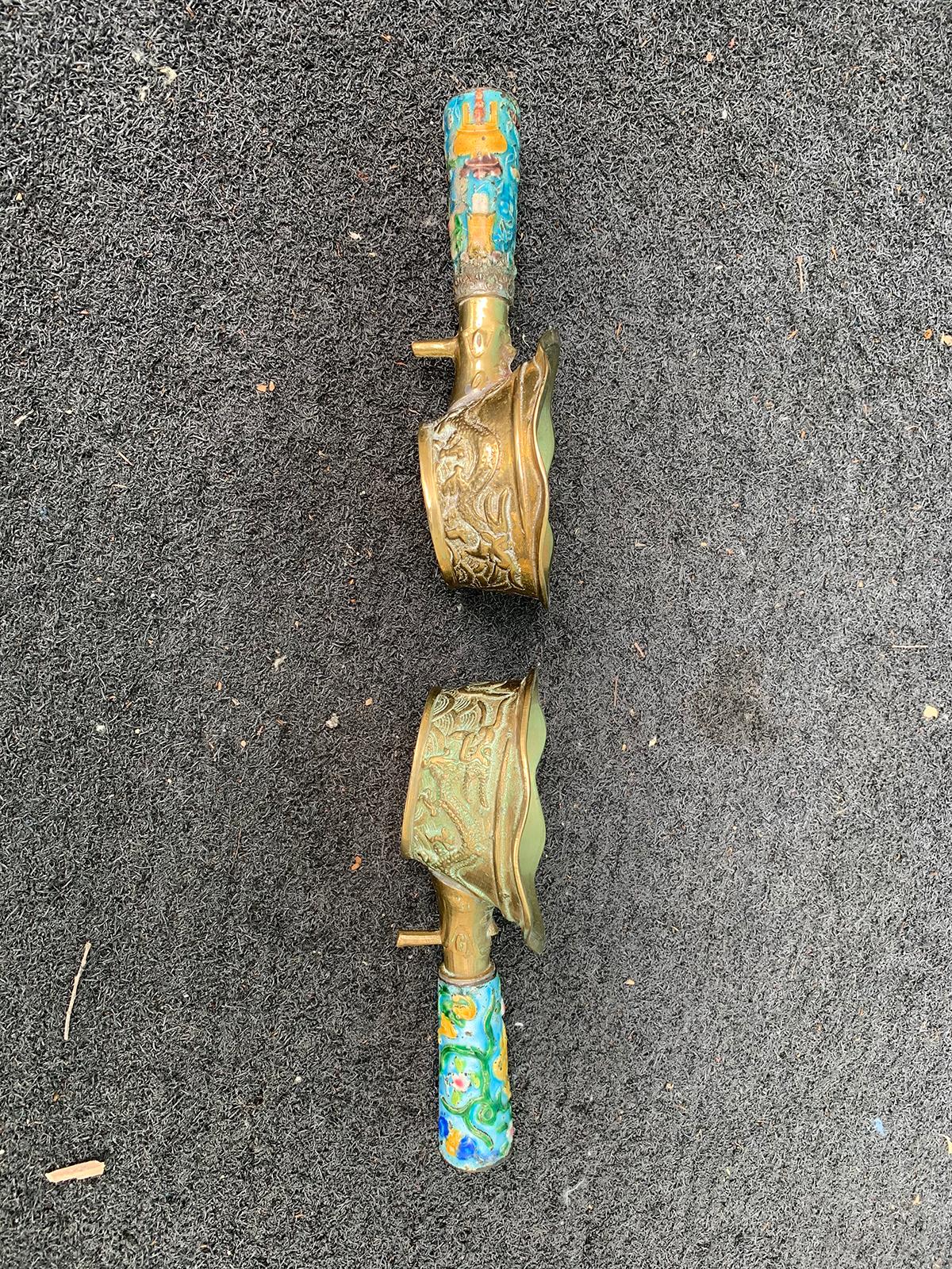 Pair of Chinese Export Brass Grain Scoops or Ladles, Floral Champleve Enamel For Sale 12