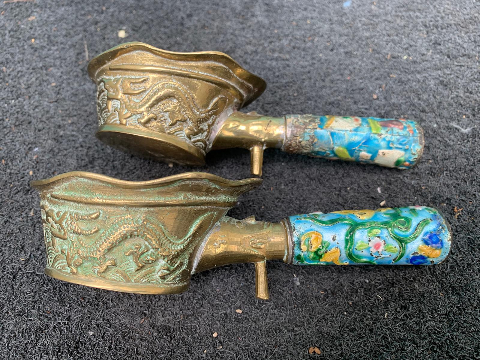 Pair of 20th century Chinese export brass grain scoops or ladles, floral champleve enamel handles.