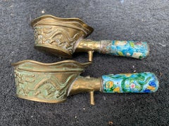 Pair of Chinese Export Brass Grain Scoops or Ladles, Floral Champleve Enamel