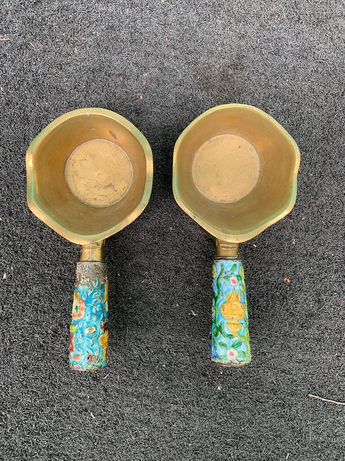 Pair of Chinese Export Brass Grain Scoops or Ladles, Floral Champleve Enamel In Good Condition For Sale In Atlanta, GA