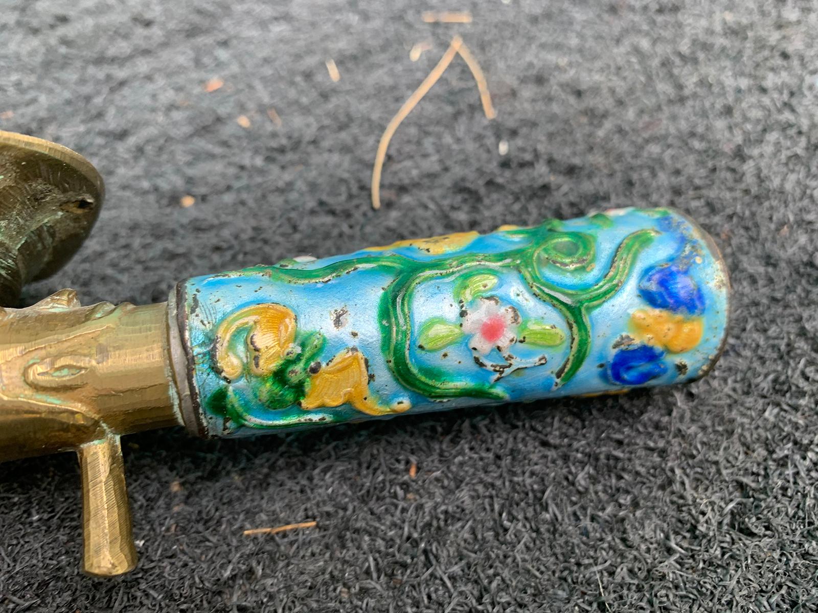 Pair of Chinese Export Brass Grain Scoops or Ladles, Floral Champleve Enamel For Sale 1