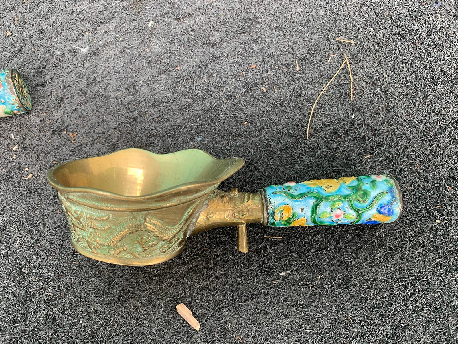Pair of Chinese Export Brass Grain Scoops or Ladles, Floral Champleve Enamel For Sale 3