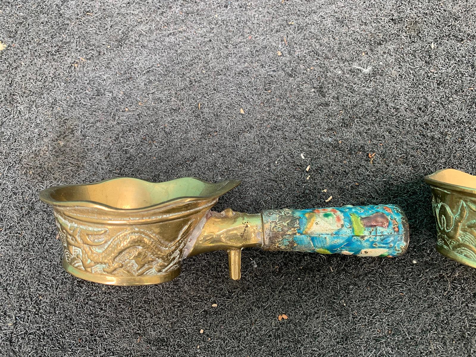 Pair of Chinese Export Brass Grain Scoops or Ladles, Floral Champleve Enamel For Sale 4