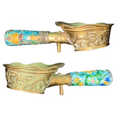 Antique Pair of Chinese Export Brass Grain Scoops or Ladles, Floral Champleve Enamel