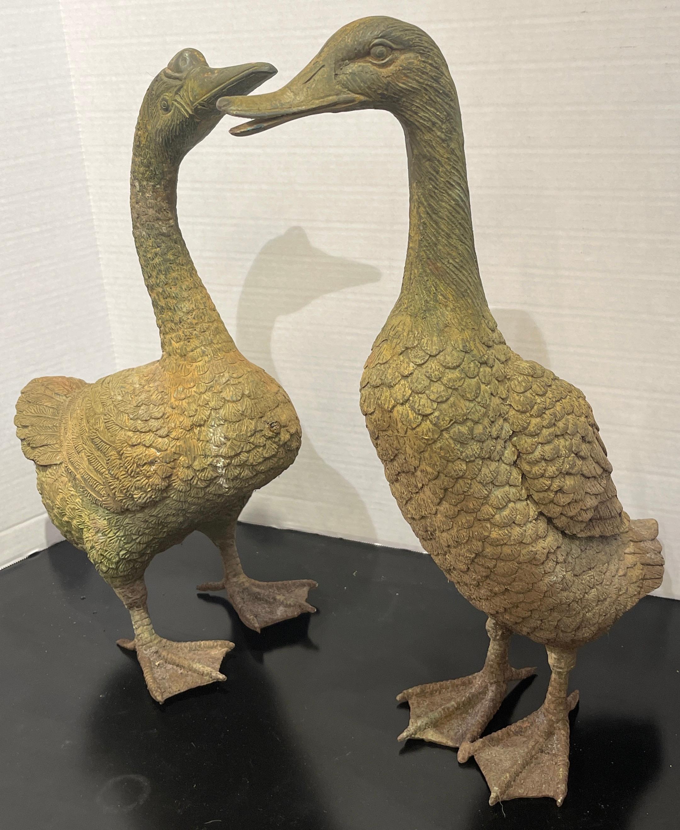 Patinated Pair of Chinese Export Bronze Ducks