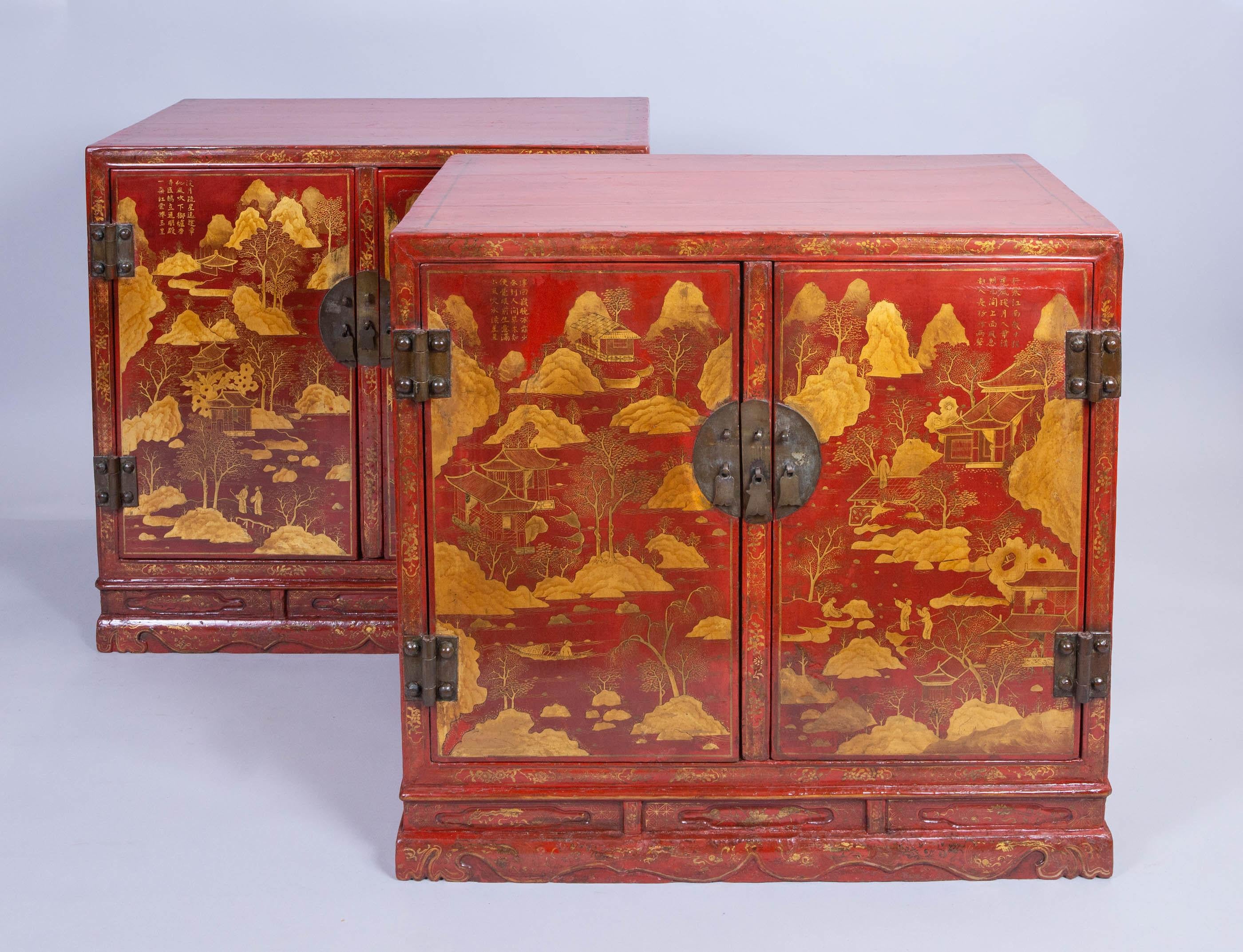 Pair of Chinese Export Bronze-Mounted Red Lacquer and Parcel-Gilt Cabinets For Sale 9