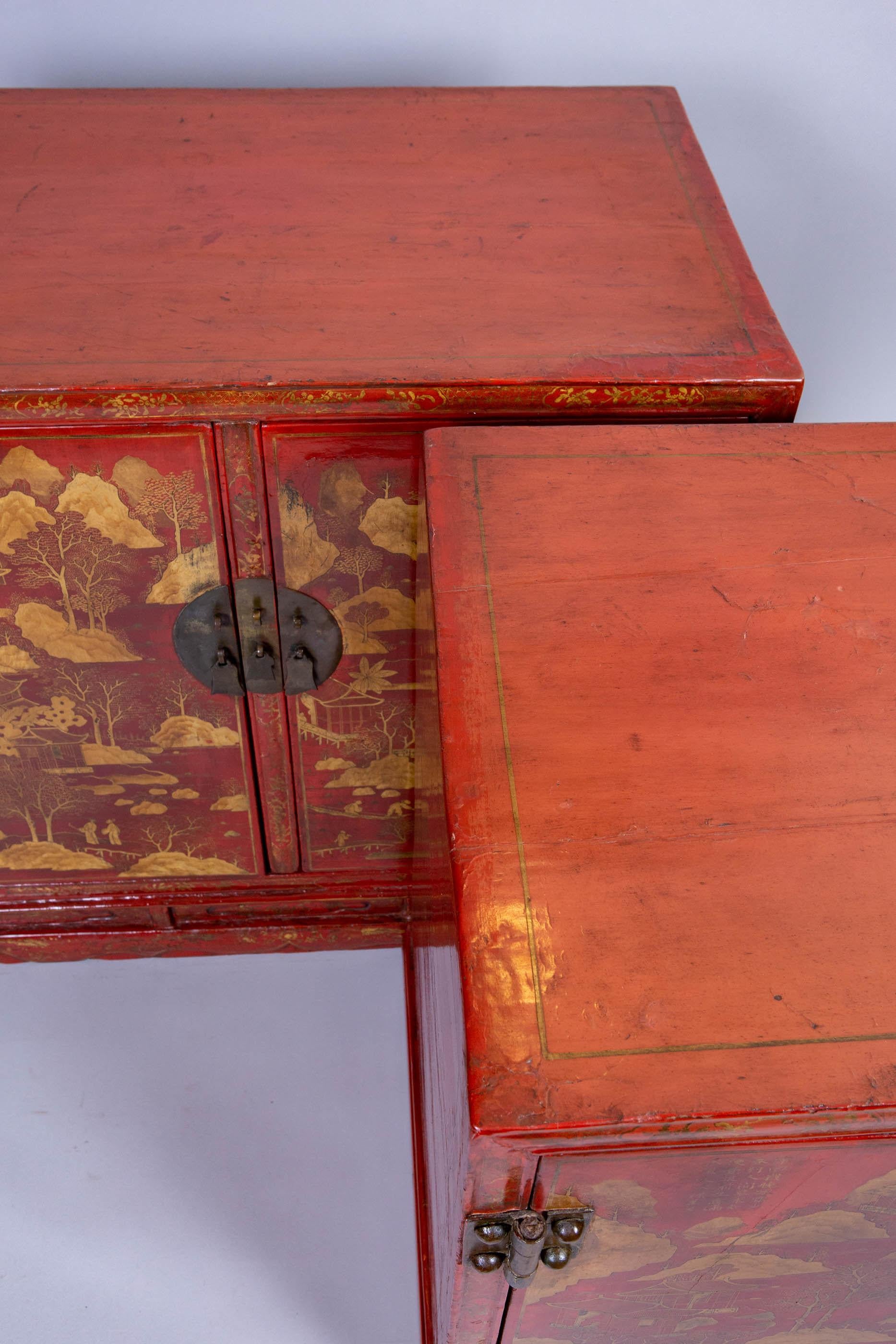 Pair of Chinese Export Bronze-Mounted Red Lacquer and Parcel-Gilt Cabinets For Sale 10