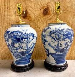 Pair 19th C. Chinese Blue & White Canton 'Dragon &  Phoenix  Vases/ Lamps