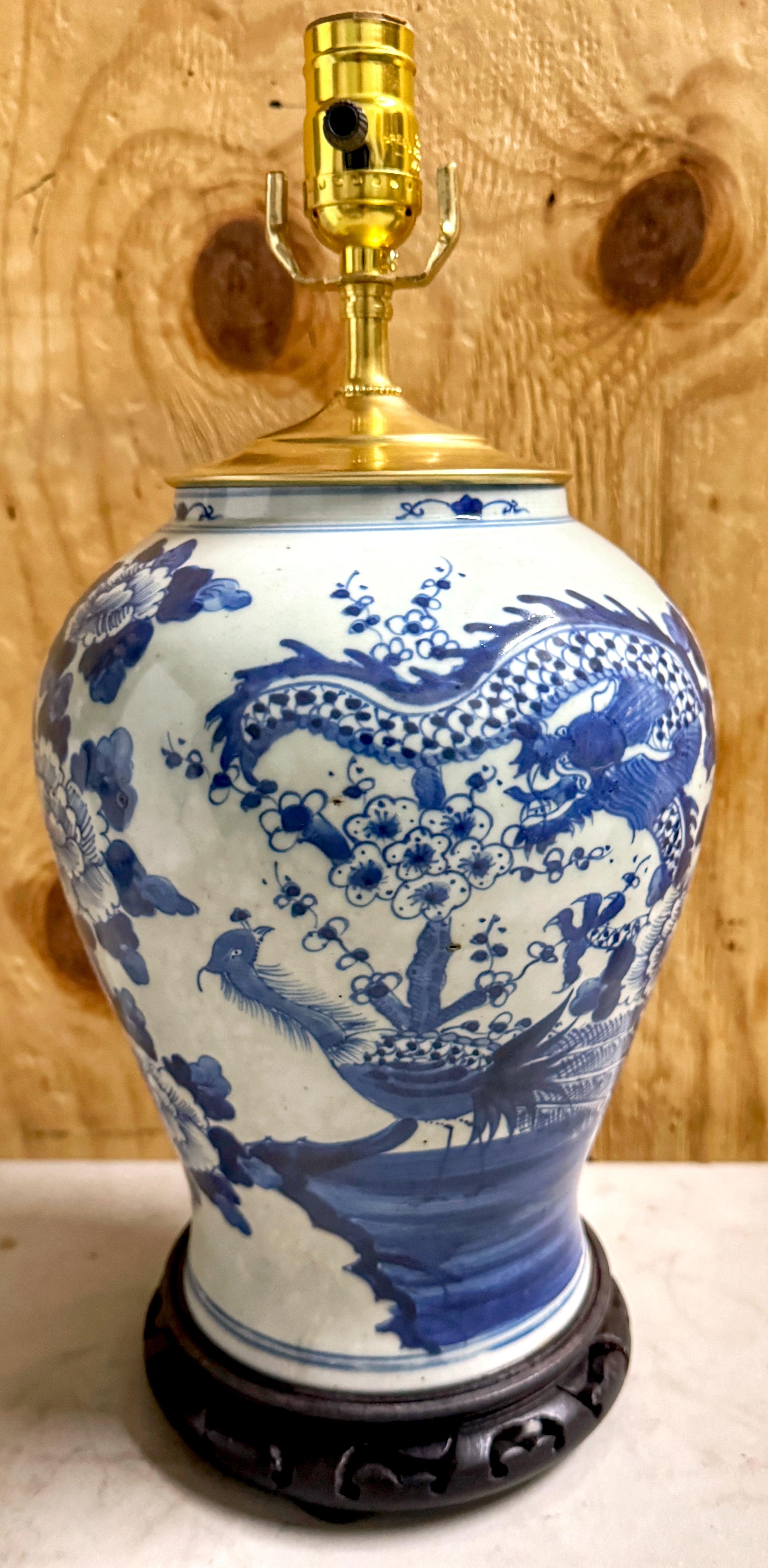 Chinese Export Pair 19th C. Chinese Blue & White Canton 'Dragon &  Phoenix  Vases/ Lamps