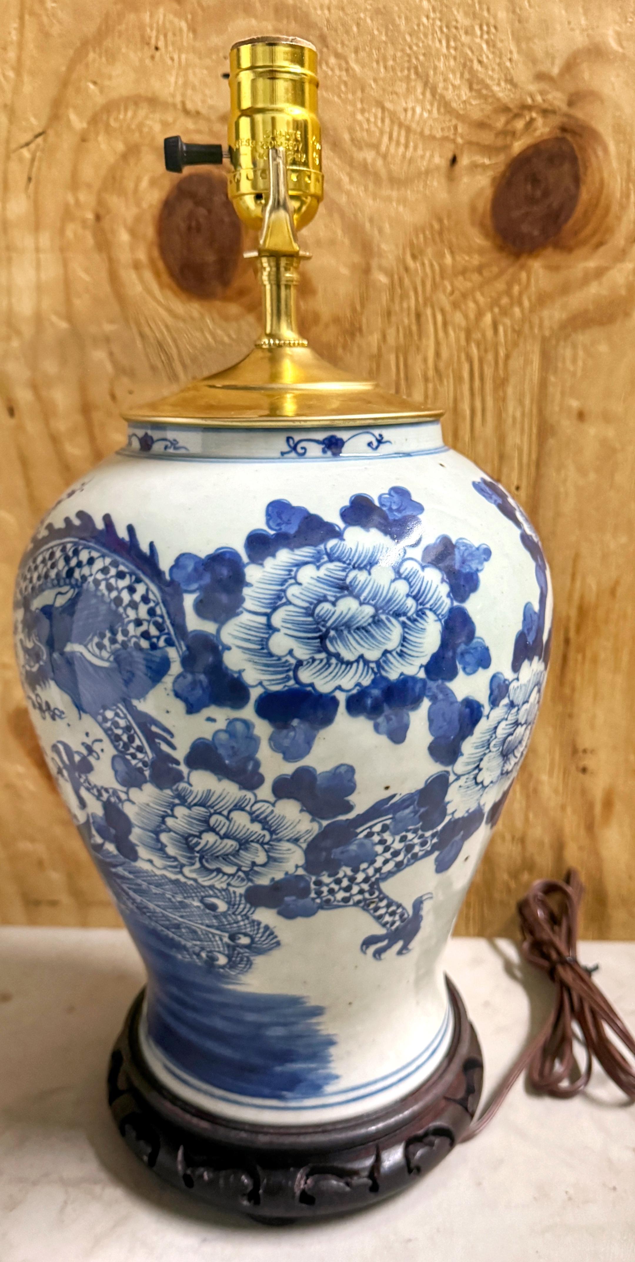 Asian Pair 19th C. Chinese Blue & White Canton 'Dragon &  Phoenix  Vases/ Lamps
