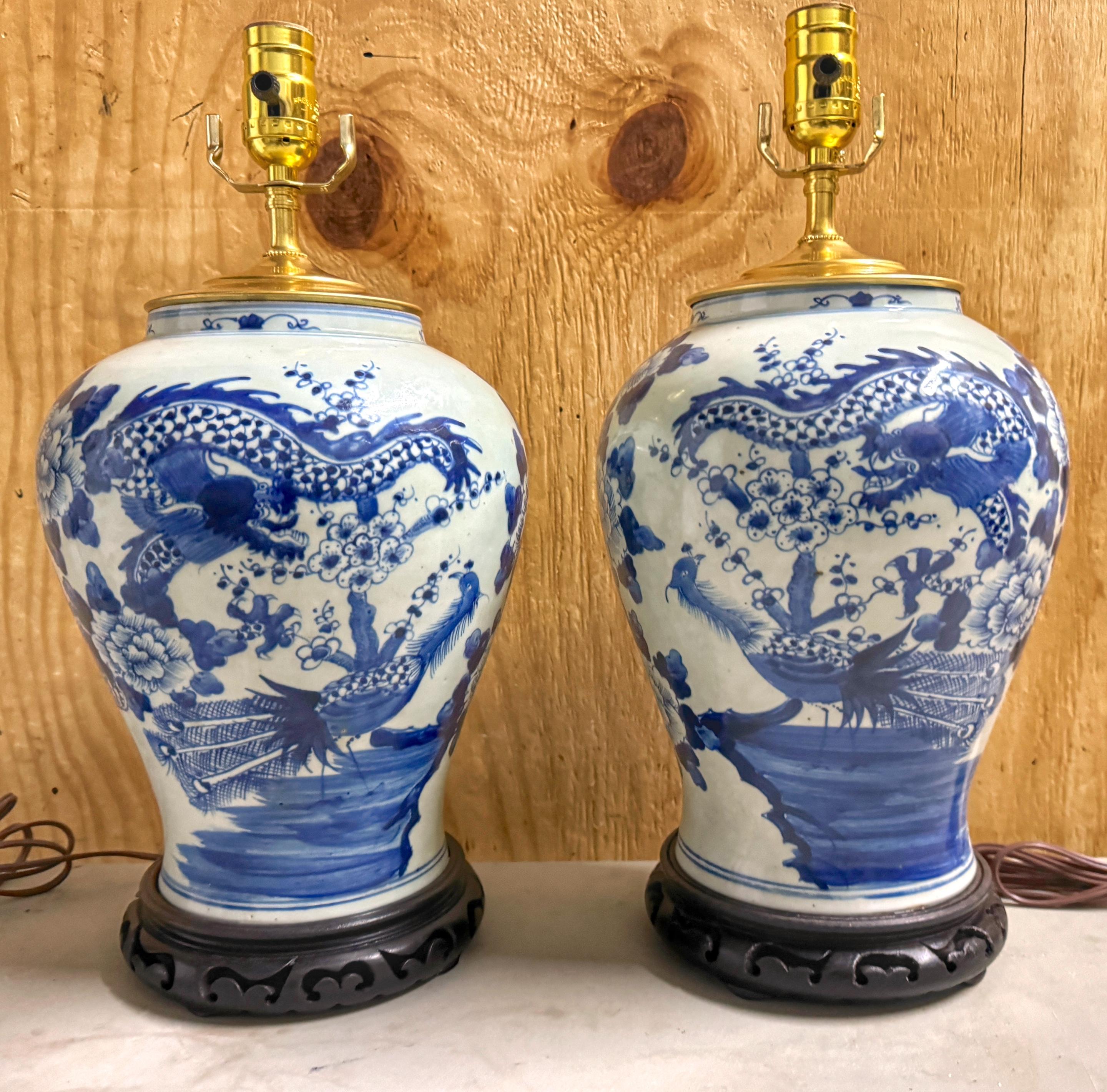 Carved Pair 19th C. Chinese Blue & White Canton 'Dragon &  Phoenix  Vases/ Lamps