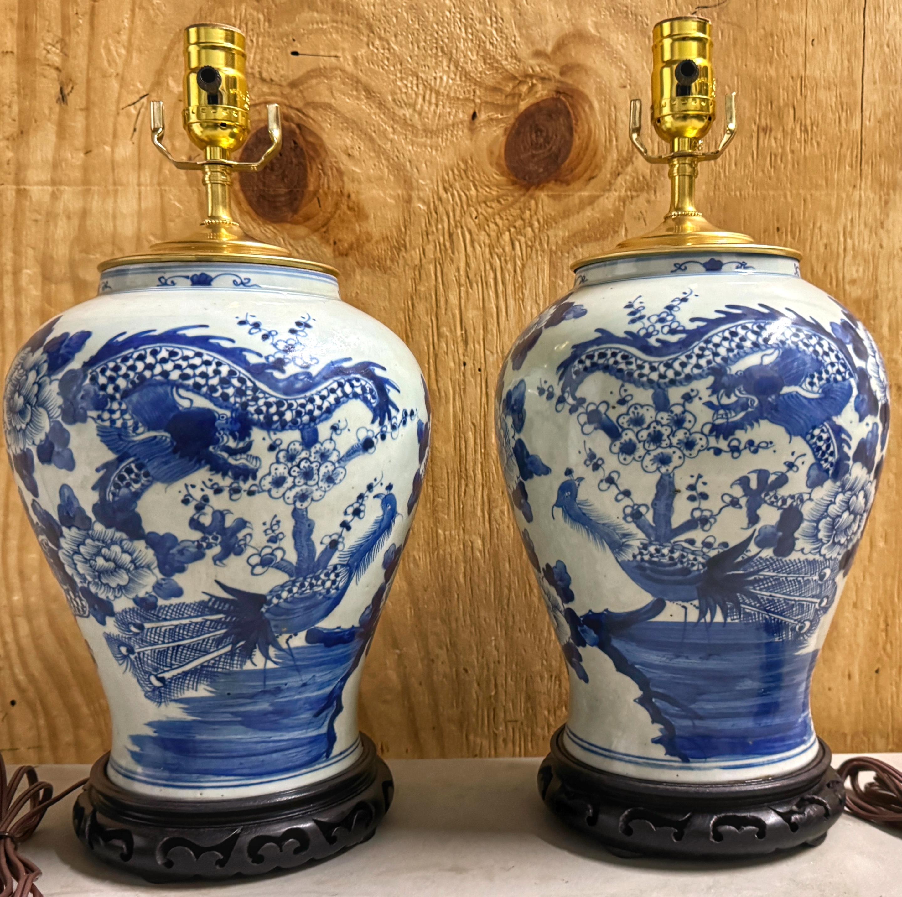 Pair 19th C. Chinese Blue & White Canton 'Dragon &  Phoenix  Vases/ Lamps In Good Condition In West Palm Beach, FL