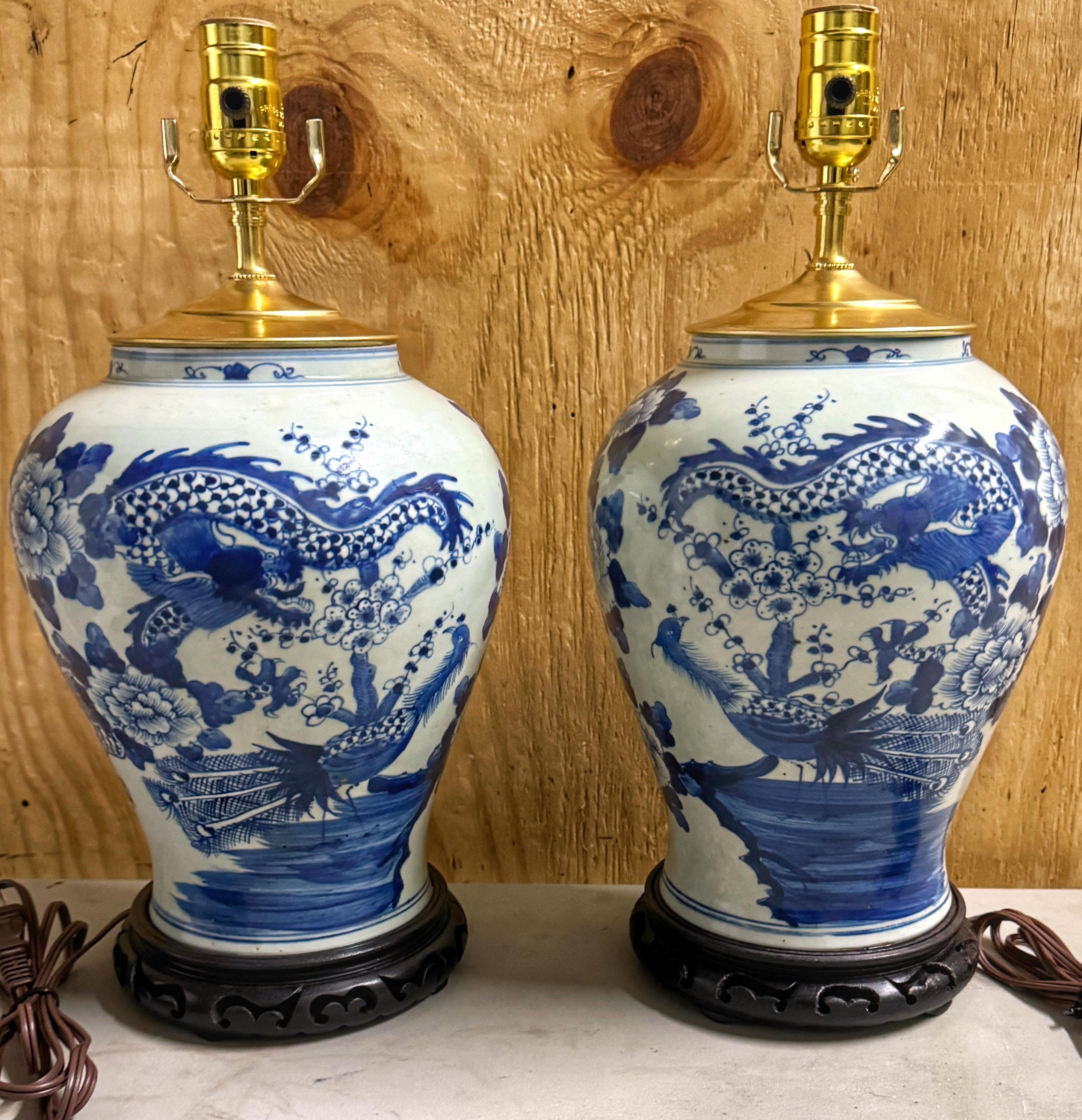 19th Century Pair 19th C. Chinese Blue & White Canton 'Dragon &  Phoenix  Vases/ Lamps