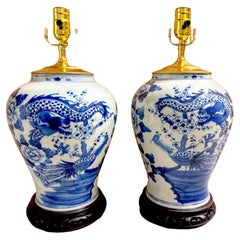 Pair 19th C. Chinese Blue & White Canton 'Dragon &  Phoenix  Vases/ Lamps 