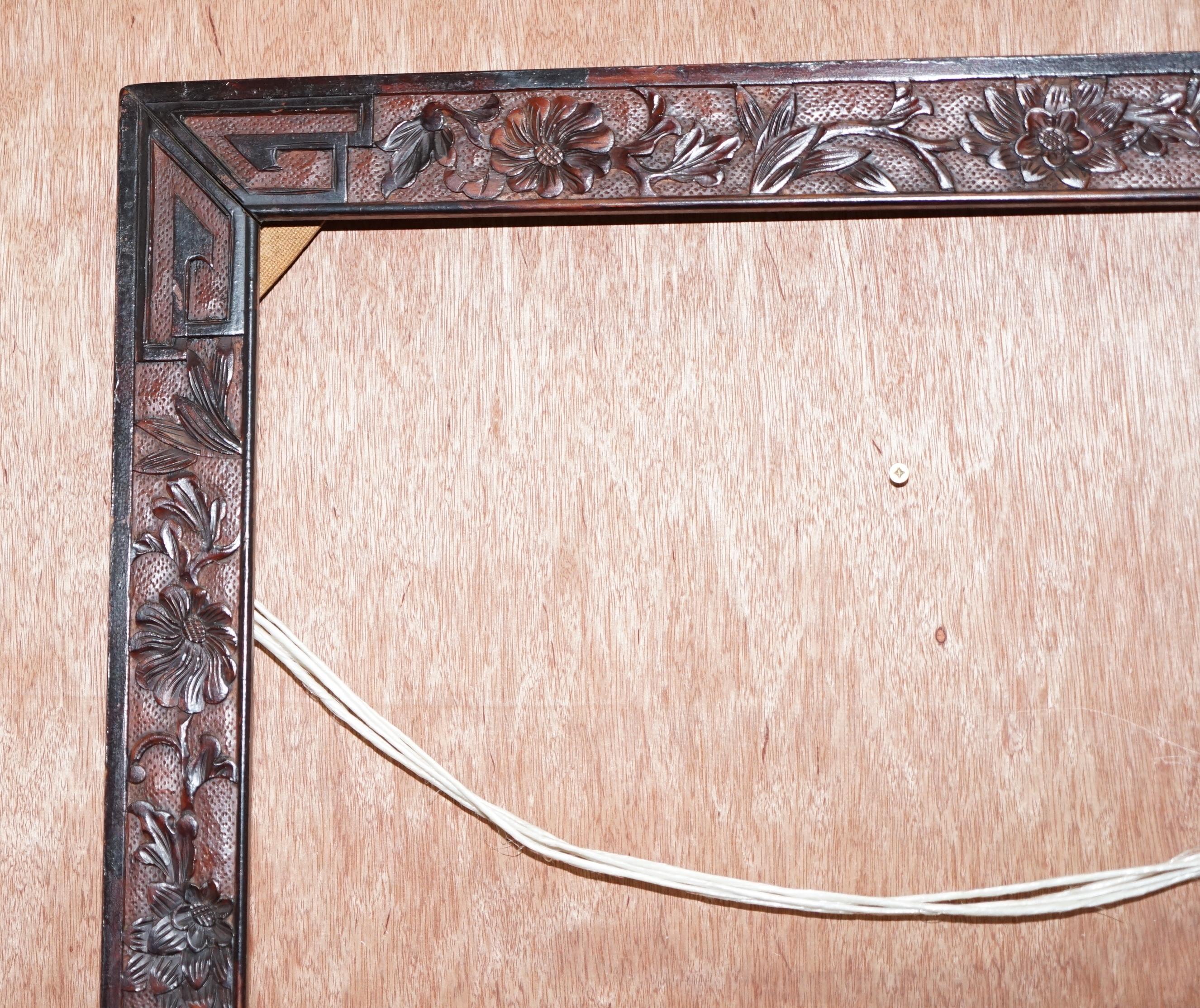 Pair of Chinese Export circa 1920 Hardwood Mirror or Picture Frames Floral Decor 7