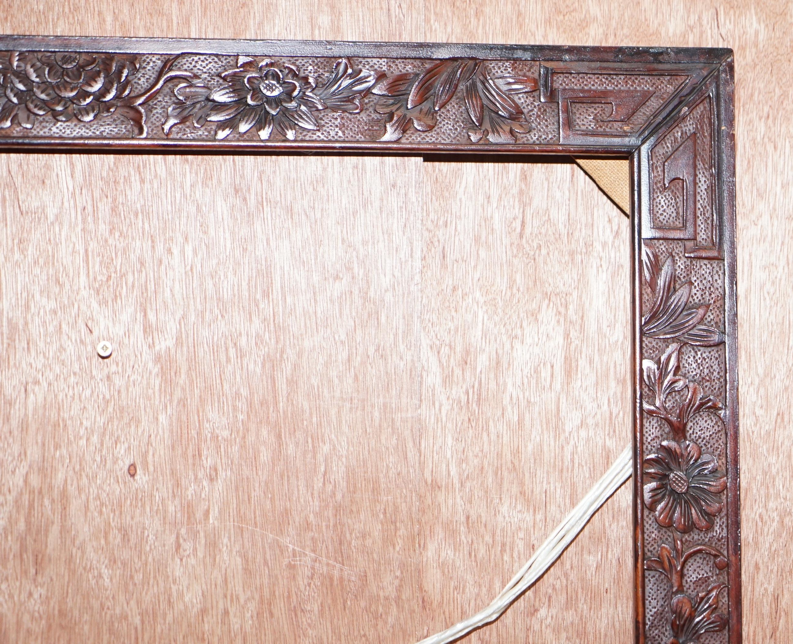 Hand-Crafted Pair of Chinese Export circa 1920 Hardwood Mirror or Picture Frames Floral Decor