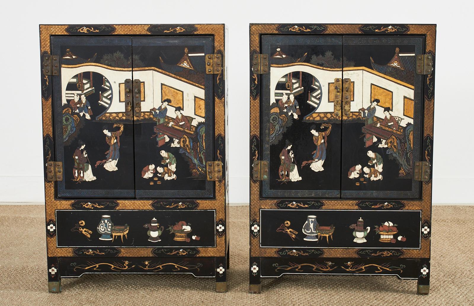 Pair of Chinese Export Coromandel Style Lacquered Cabinets In Good Condition In Rio Vista, CA