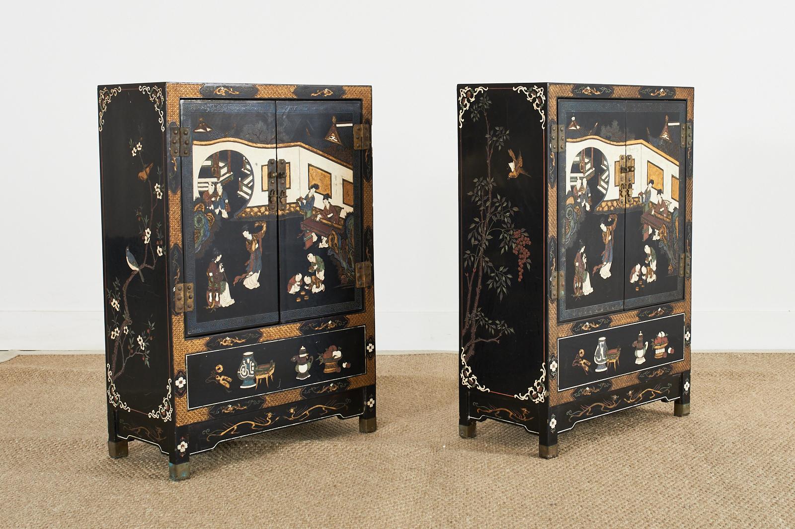 20th Century Pair of Chinese Export Coromandel Style Lacquered Cabinets