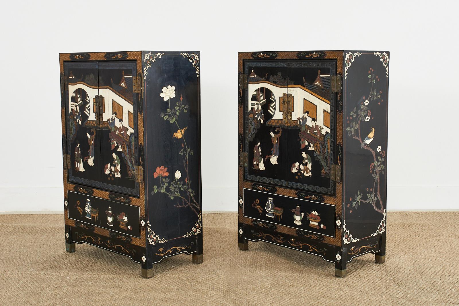 Brass Pair of Chinese Export Coromandel Style Lacquered Cabinets