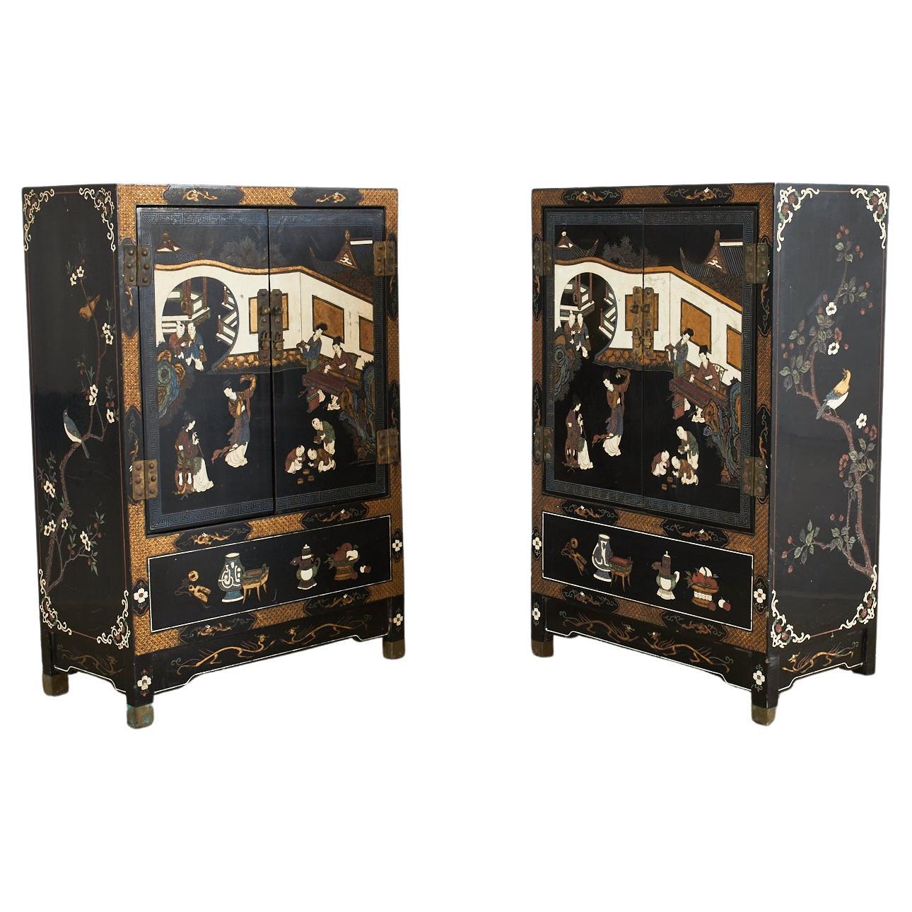 Pair of Chinese Export Coromandel Style Lacquered Cabinets