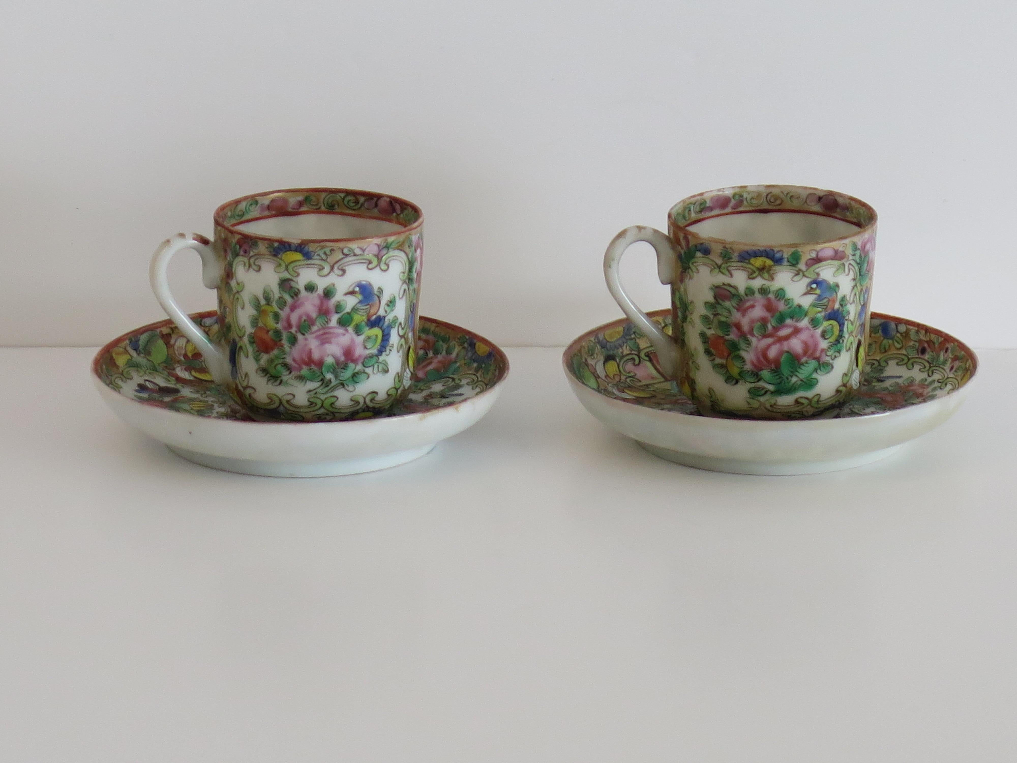 This is a very decorative PAIR of Chinese export Cups and Saucers made from eggshell porcelain and hand painted in Rose Medallion pattern, which we date to the 19th century, Qing dynasty, circa 1850.

All pieces are very finely hand potted in a very