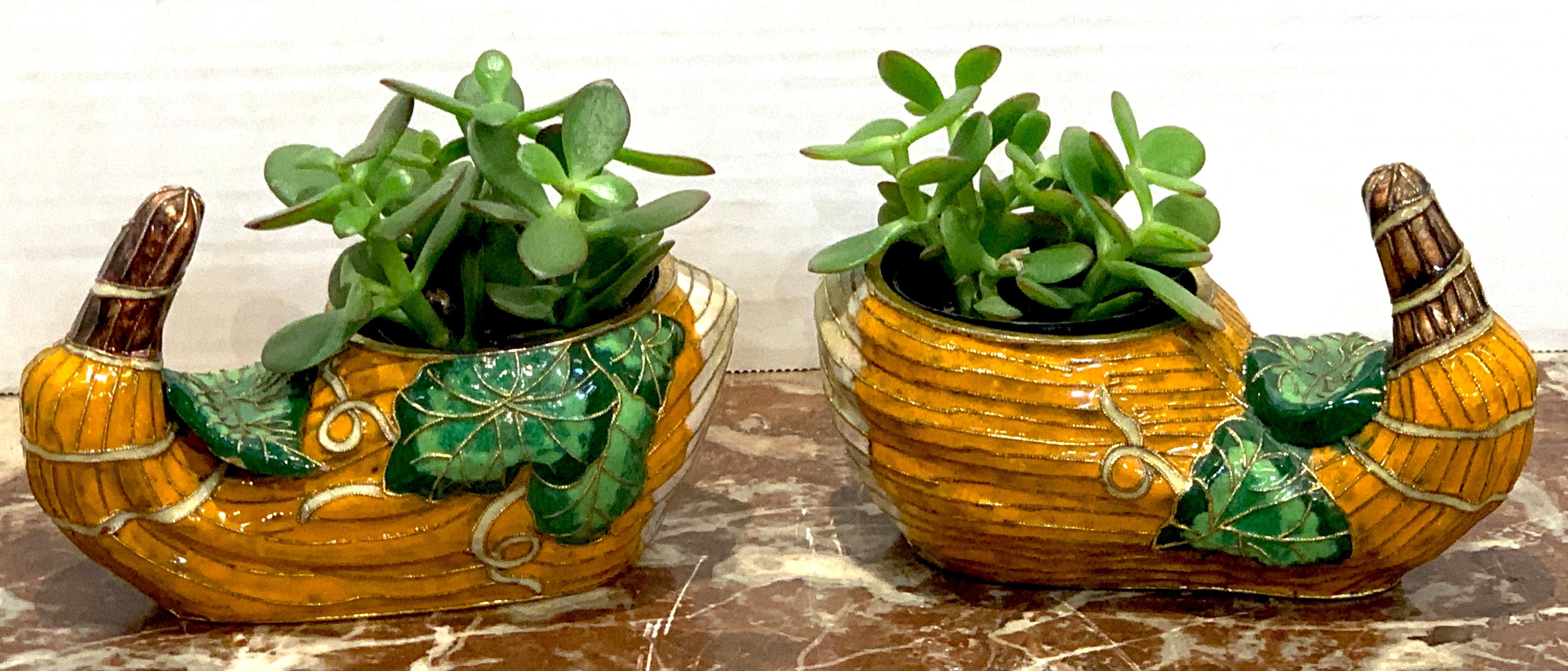 Pair of Chinese Export enamel gourd cachepots, Each one realistically cast and modeled. Gold plated copper base. Shown with jade plants, not included. 2.5