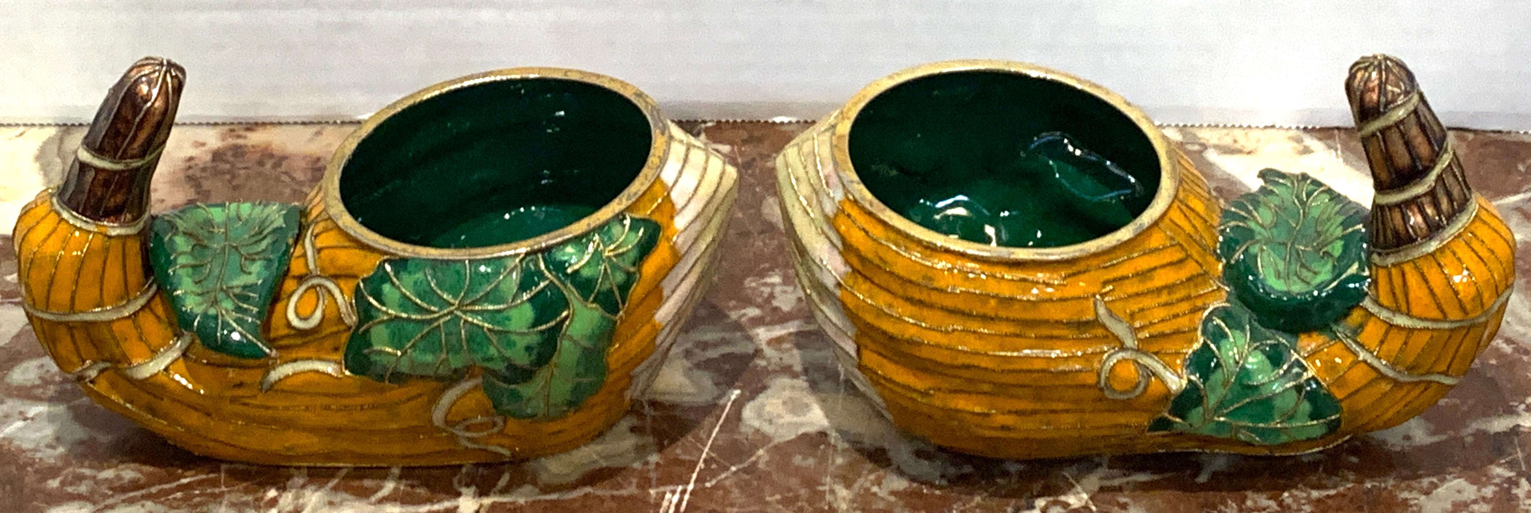 Copper Pair of Chinese Export Enamel Gourd Cachepots For Sale