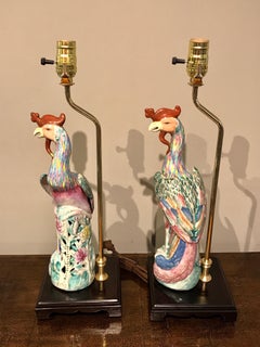 Pair of Chinese Export Famile Verte Birds of Paradise Figures, Now as Lamps