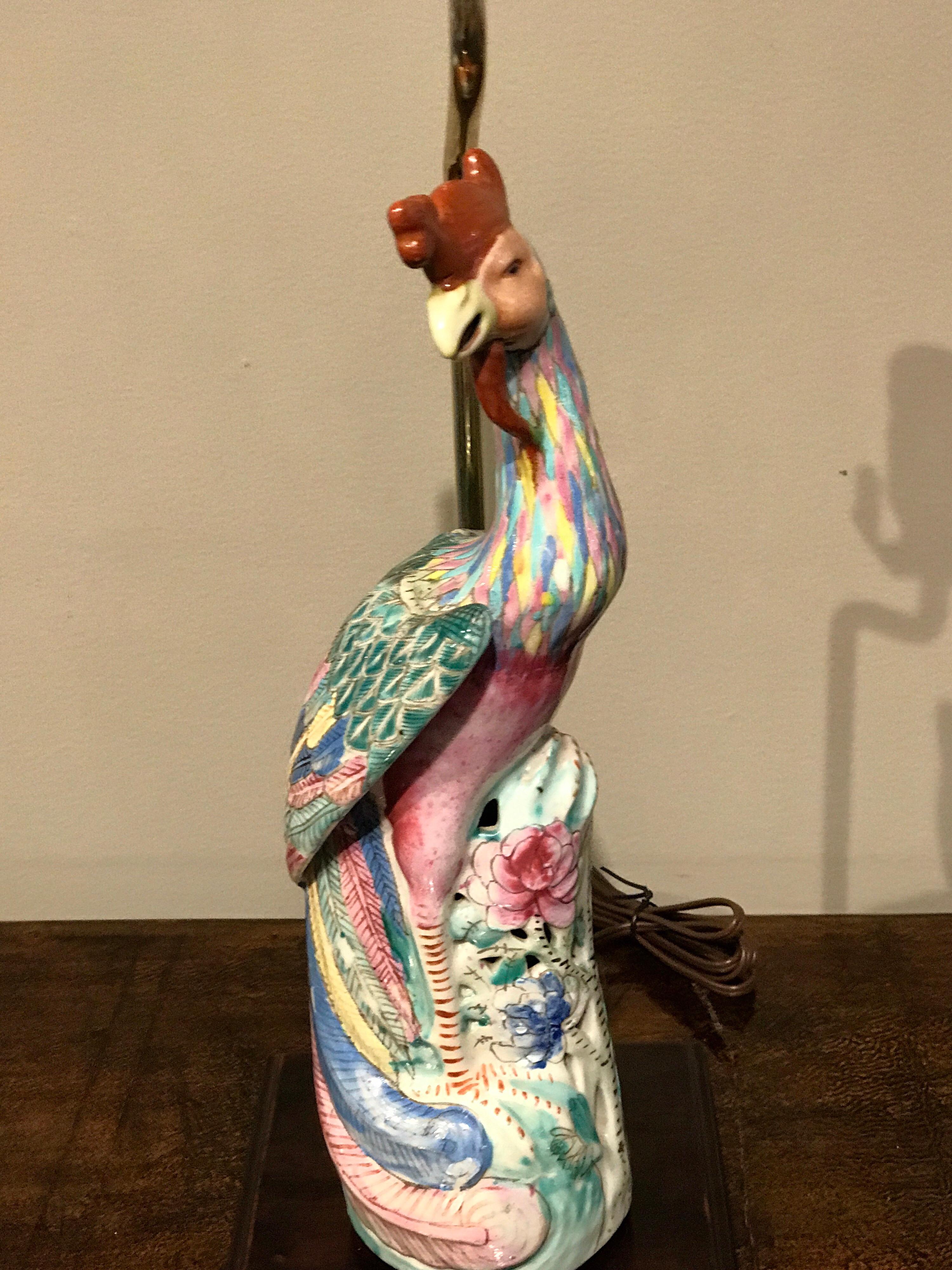 Enameled Pair of Chinese Export Famile Verte Birds of Paradise Figures, Now as Lamps
