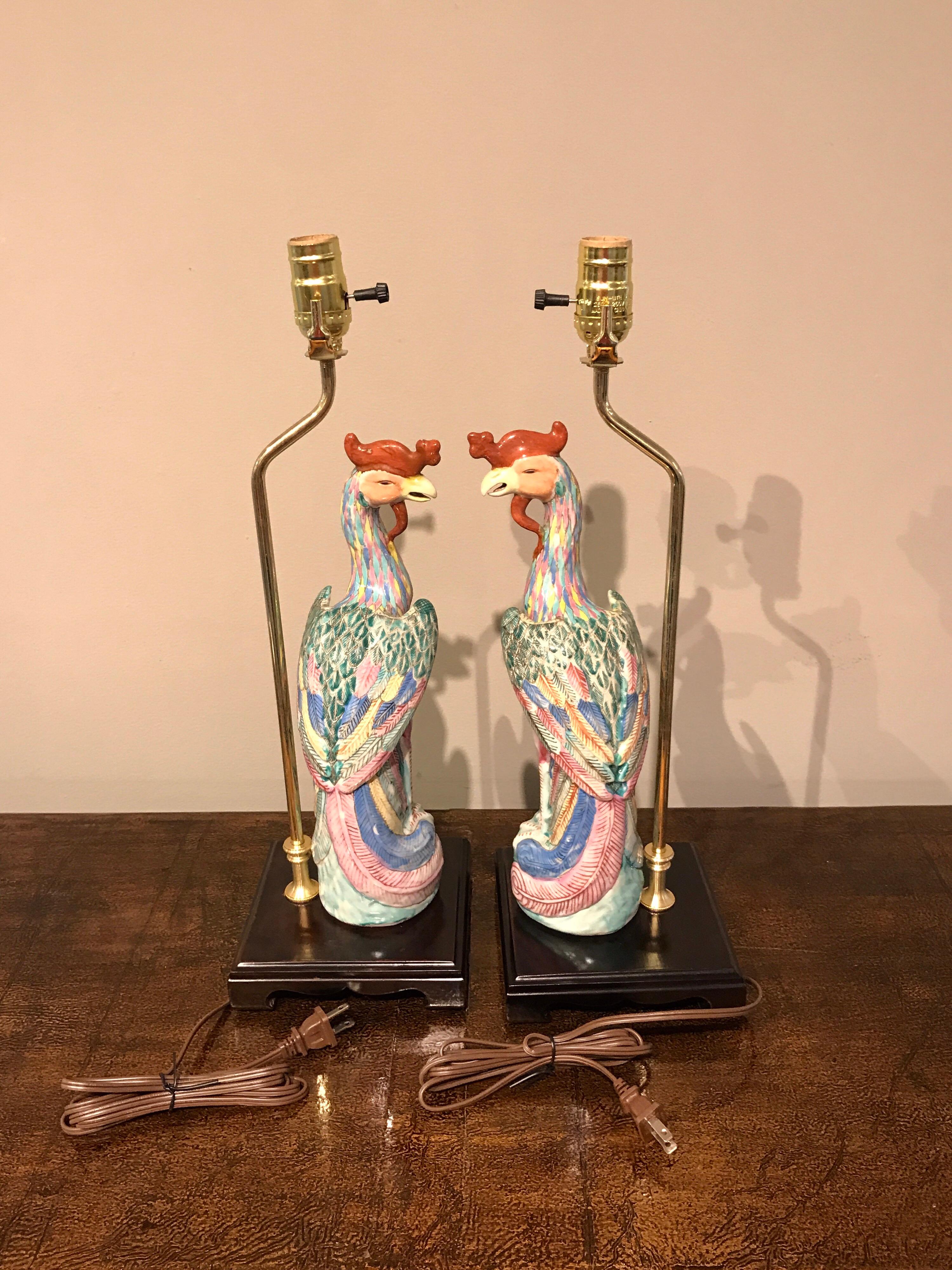 Pair of Chinese Export Famile Verte Birds of Paradise Figures, Now as Lamps In Good Condition In Atlanta, GA