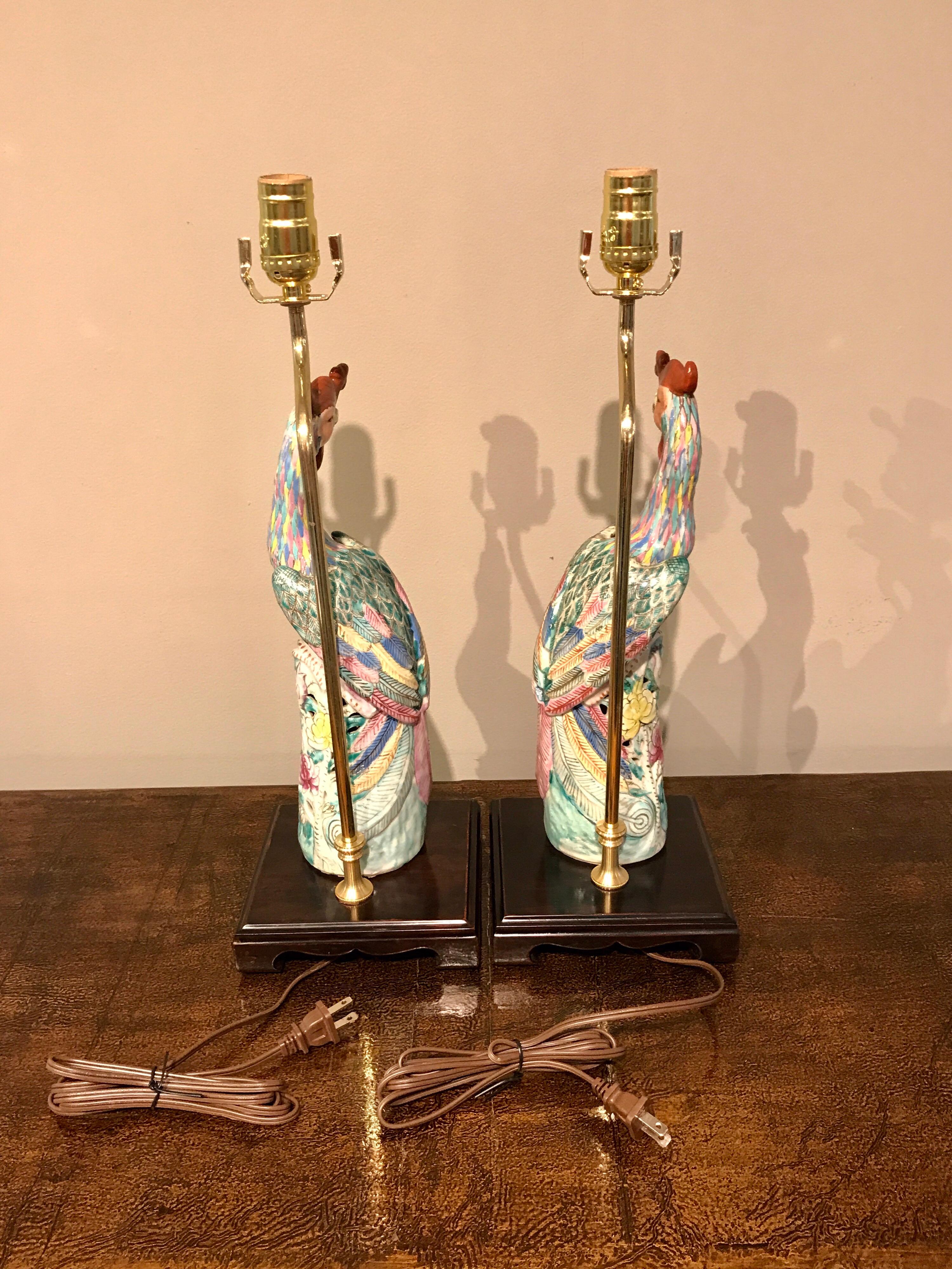 19th Century Pair of Chinese Export Famile Verte Birds of Paradise Figures, Now as Lamps