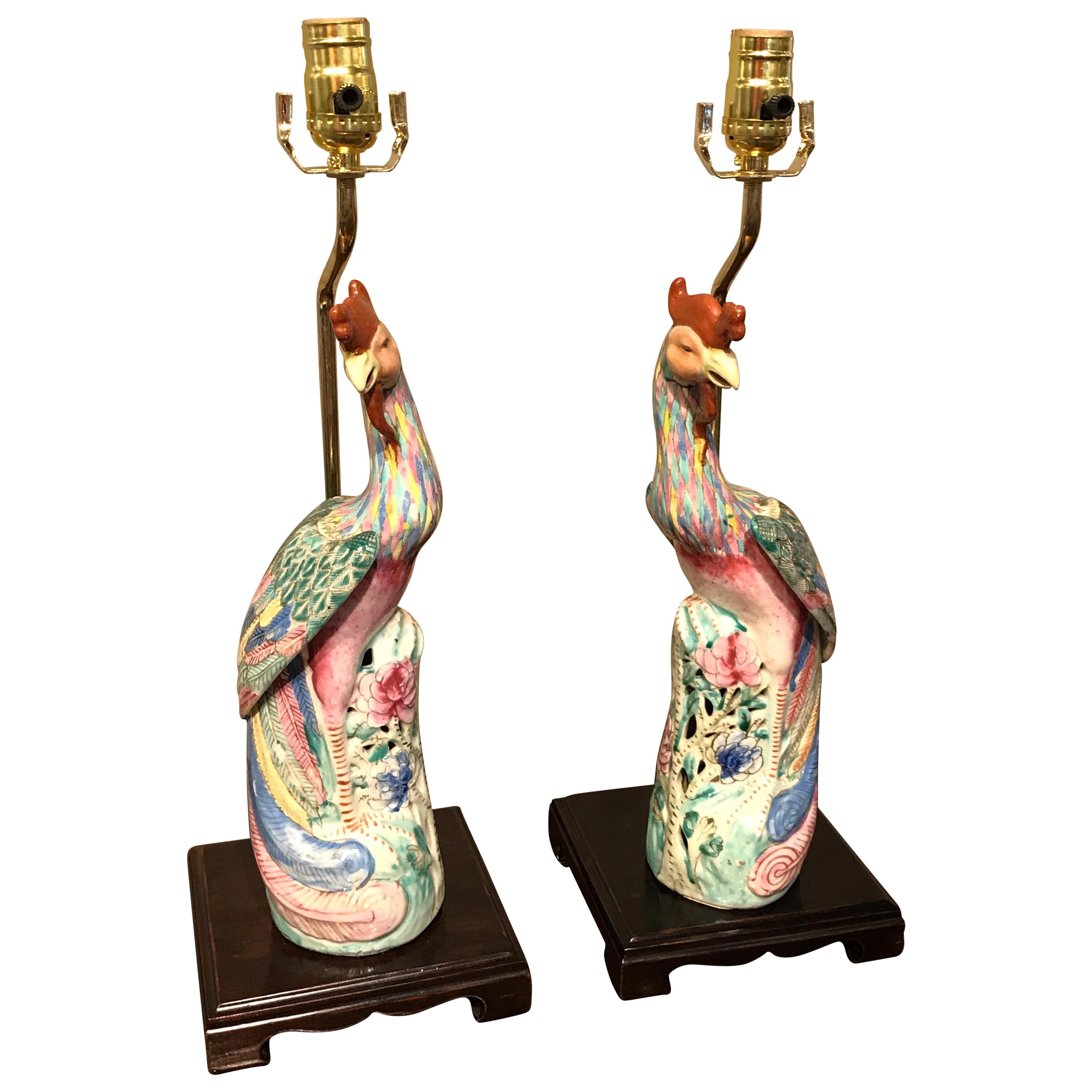 Pair of Chinese Export Famile Verte Birds of Paradise Figures, Now as Lamps